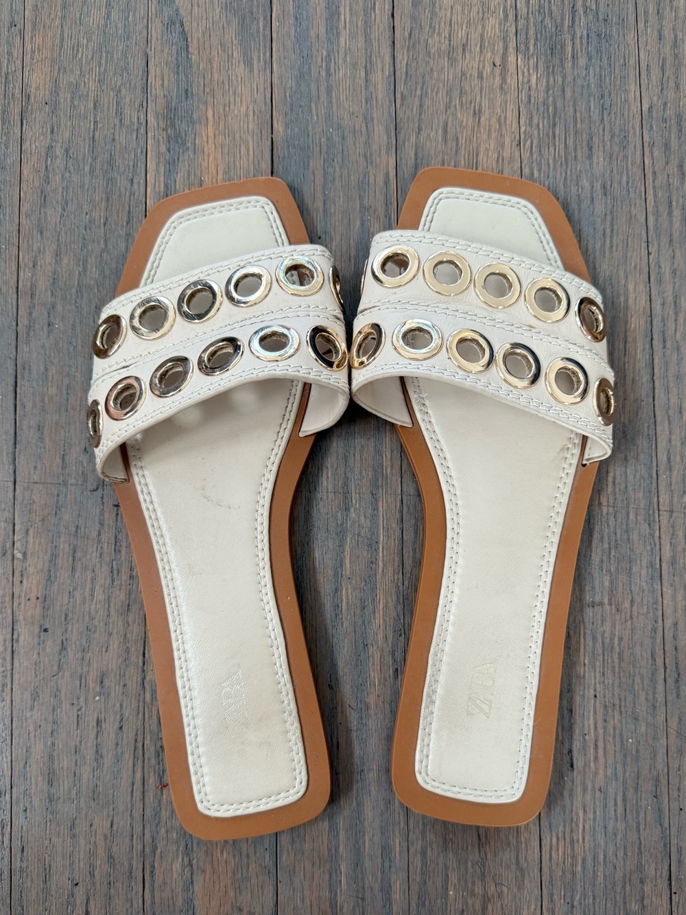 Zara Cream Slide Sandals with Gold Eyelet Accents